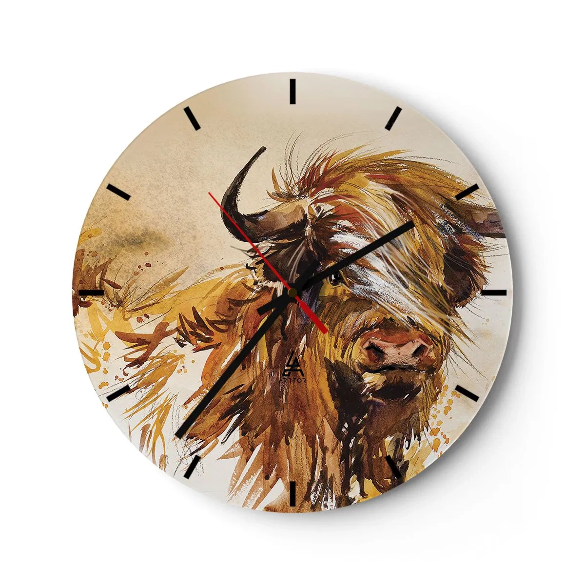 Wanduhr - Glasuhr - Eine gemalte Illustration eines schottischen Stiers mit wallendem Fell - 30x30cm - Stolz des Jägers - Moderne Wanddekoration für Wohnzimmer, Küche und Schlafzimmer ARTTOR