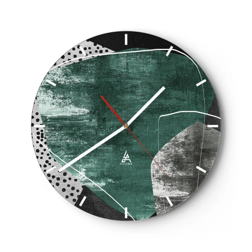 Wanduhr - Glasuhr - Grün-schwarze abstrakte Komposition mit grafischen Akzenten - 30x30cm - Bunte Abstraktion mit Blattgold - Moderne Wanddekoration für Wohnzimmer, Küche und Schlafzimmer ARTTOR