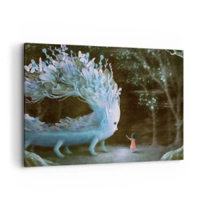 Bild auf Leinwand - Leinwandbild - Die Figur eines Mädchens, das einem fantastischen Wesen gegenübersteht - 100x70cm - Fantastisches Treffen - Moderne Wanddekoration für Wohnzimmer und Schlafzimmer ARTTOR