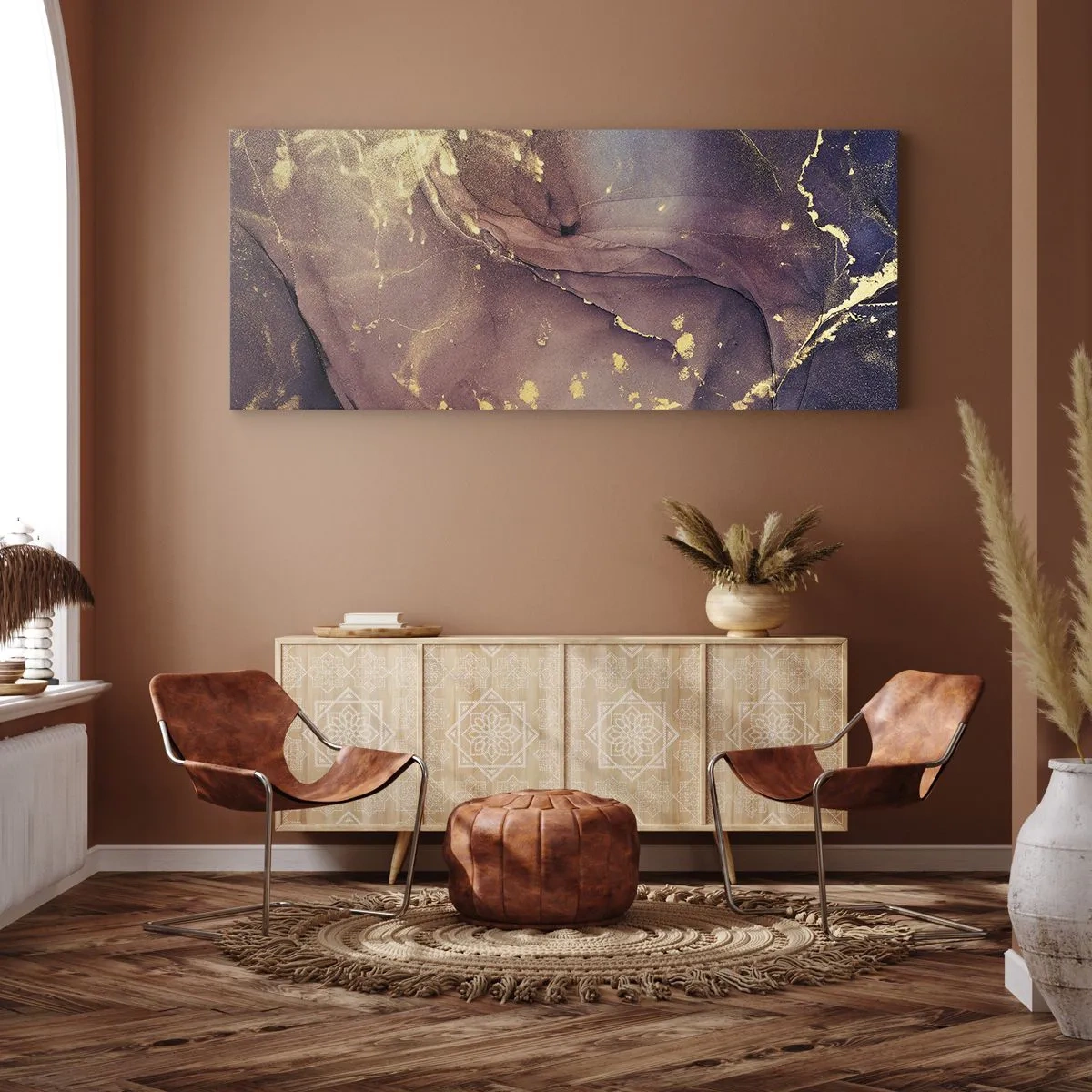 Bild auf Leinwand - Leinwandbild - Abstrakte Komposition mit Gold- und Lilatönen - 140x50cm - Materie und Geist - Moderne Wanddekoration für Wohnzimmer und Schlafzimmer ARTTOR