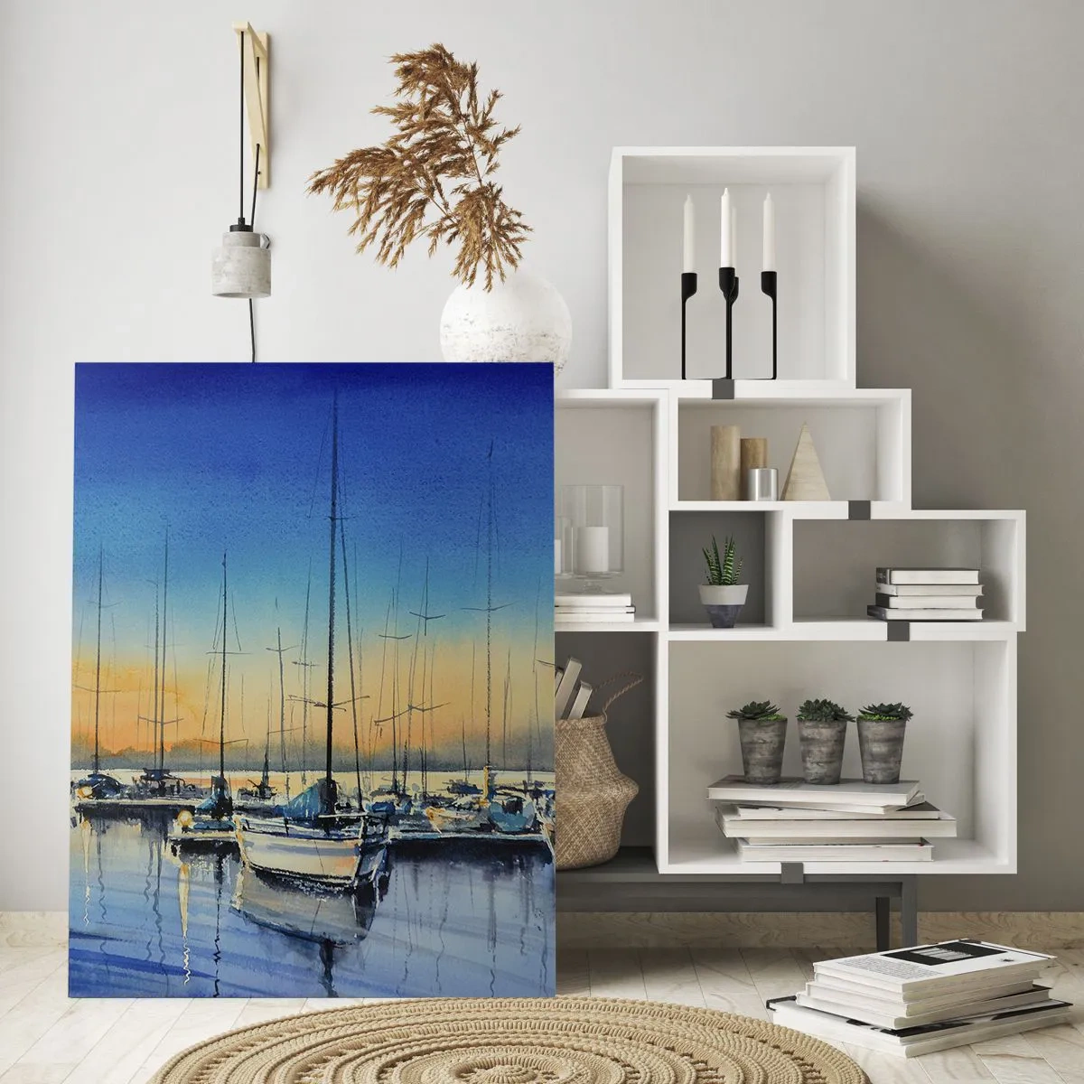Glasbild - Bild auf glas - Segelboote im Hafen bei Sonnenuntergang - 50x70cm - Ende eines guten Tages - Moderne Wanddekoration für Wohnzimmer und Schlafzimmer ARTTOR