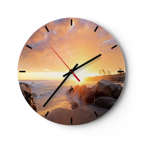 Wanduhr - Glasuhr - Sonnenuntergang über dem Meer mit Steinen und warmem Licht - 30x30cm - Leuchtende Brise des Abends - Moderne Wanddekoration für Wohnzimmer, Küche und Schlafzimmer ARTTOR