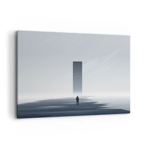 Bild auf Leinwand - Leinwandbild - Eine minimalistische Landschaft mit einer Silhouette neben einem rechteckigen Monolithen - 100x70cm - Chance oder Bedrohung? - Moderne Wanddekoration für Wohnzimmer und Schlafzimmer ARTTOR