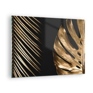Glasbild - Bild auf glas - Goldene Palmblätter und Monsteras auf schwarzem Hintergrund - 70x50cm - Anders und genauso teuer - Moderne Wanddekoration für Wohnzimmer und Schlafzimmer ARTTOR