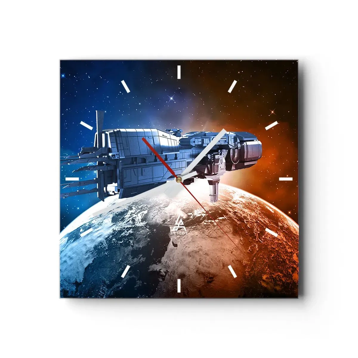 Wanduhr - Glasuhr - Ein Raumschiff vor dem Hintergrund eines Planeten im Weltraum - 30x30cm - Ein aufmerksamer Beobachter - Moderne Wanddekoration für Wohnzimmer und Schlafzimmer ARTTOR