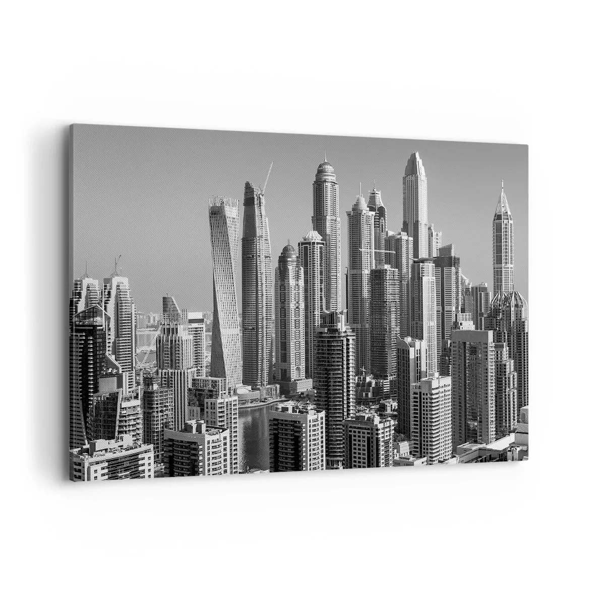 Bild auf Leinwand - Leinwandbild - Panorama moderner Wolkenkratzer in monochromen Tönen - 100x70cm - Stadt in der Wüste - Moderne Wanddekoration für Wohnzimmer und Schlafzimmer ARTTOR