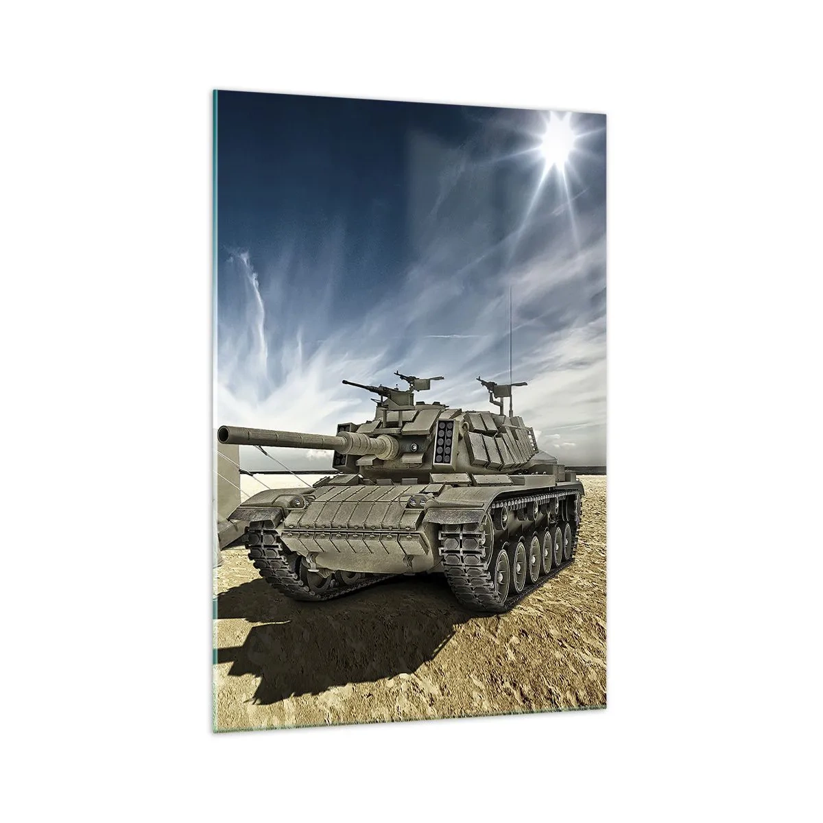 Glasbild - Bild auf glas - Ein Panzer neben einem Militärzelt in einer Wüstengegend - 70x100cm - Ein militärischer Traum - Moderne Wanddekoration für Wohnzimmer und Schlafzimmer ARTTOR
