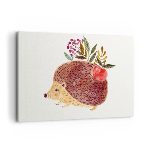 Bild auf Leinwand - Leinwandbild - Ein süßer Igel mit einem Apfel und Pflanzen im illustrativen Stil - 120x80cm - Und dann magst du mich schon - Moderne Wanddekoration für Wohnzimmer und Schlafzimmer ARTTOR