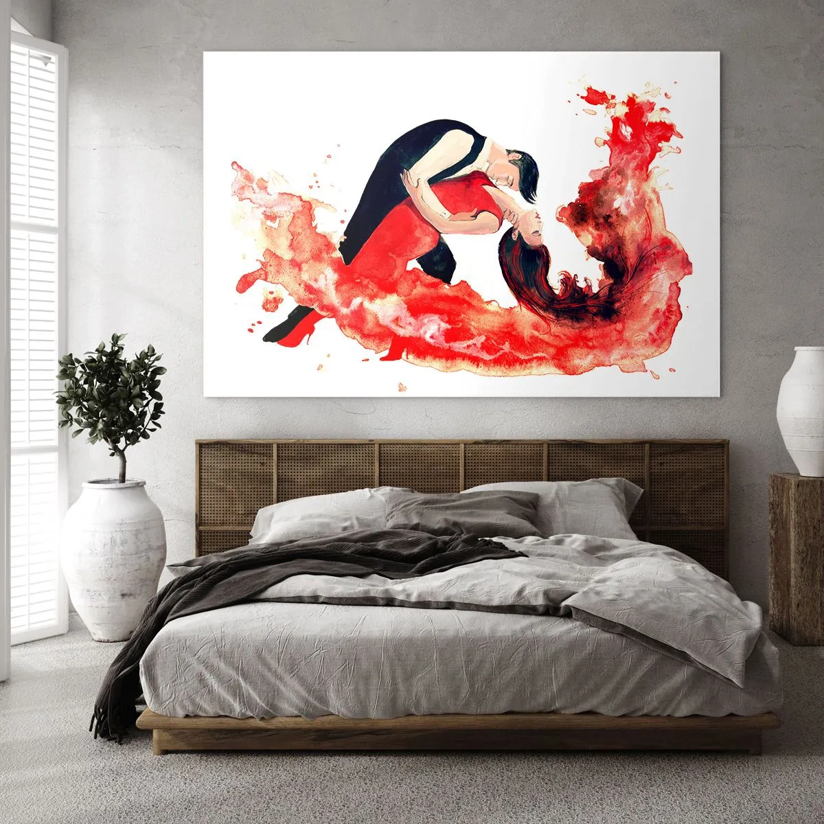 Glasbild - Bild auf glas - Ein tanzendes Paar in einer dynamischen, roten Aquarellkomposition - 120x80cm - Tango - eine sinnliche Welle - Moderne Wanddekoration für Wohnzimmer und Schlafzimmer ARTTOR