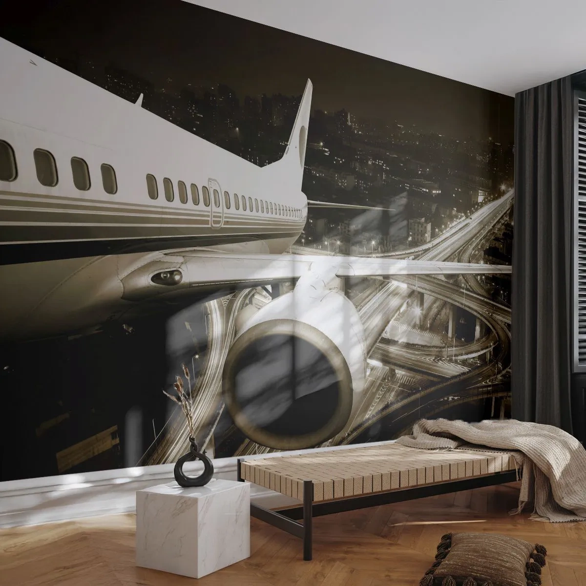 Selbstklebende Fototapete Deluxe Sticker - In die Nacht fliegen - Flugzeug, Stadt, Automobil - 250x175 cm