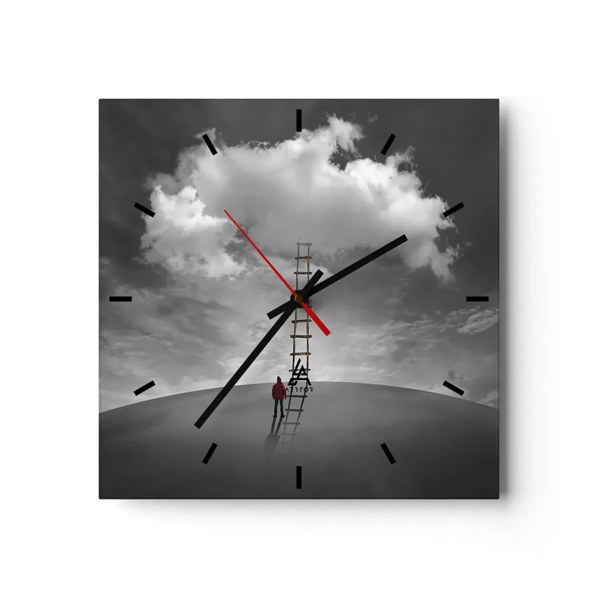 Wanduhr - Glasuhr - Eine Person in einem roten Mantel und eine Leiter, die zu einer Wolke führt - 30x30cm - Alles ist möglich - Moderne Wanddekoration für Wohnzimmer und Schlafzimmer ARTTOR