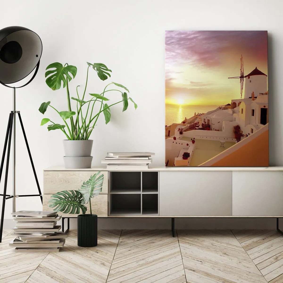 Bild auf Leinwand - Leinwandbild - Santorini bei Sonnenuntergang mit einer Windmühle - 50x70cm - In Weiß und Gold schmelzen - Moderne Wanddekoration für Wohnzimmer und Schlafzimmer ARTTOR