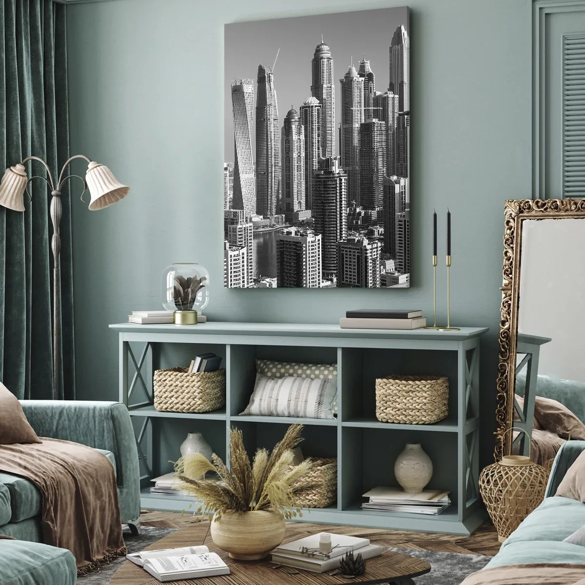 Bild auf Leinwand - Leinwandbild - Panorama moderner Wolkenkratzer in monochromen Tönen - 80x120cm - Stadt in der Wüste - Moderne Wanddekoration für Wohnzimmer und Schlafzimmer ARTTOR