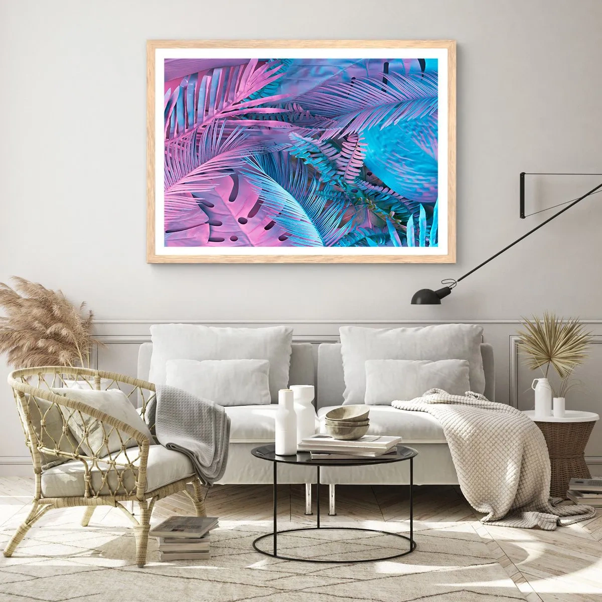 Poster in einem Rahmen aus heller Eiche - Tropen in Rosa und Blau - 40x30 cm