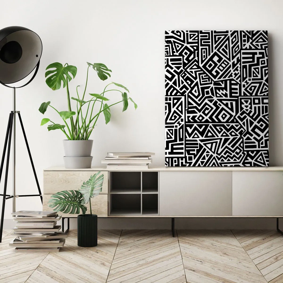 Bild auf Leinwand - Leinwandbild - Schwarz-weiße geometrische Muster, inspiriert von der präkolumbianischen Kultur - 80x120cm - Präkolumbianische Komposition - Moderne Wanddekoration für Wohnzimmer und Schlafzimmer ARTTOR