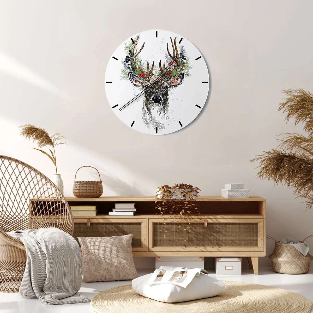 Wanduhr - Glasuhr - Stilisierter Hirsch mit dekorativem Geweih - 30x30cm - Im festlichen Gewand - Moderne Wanddekoration für Wohnzimmer, Küche und Schlafzimmer ARTTOR