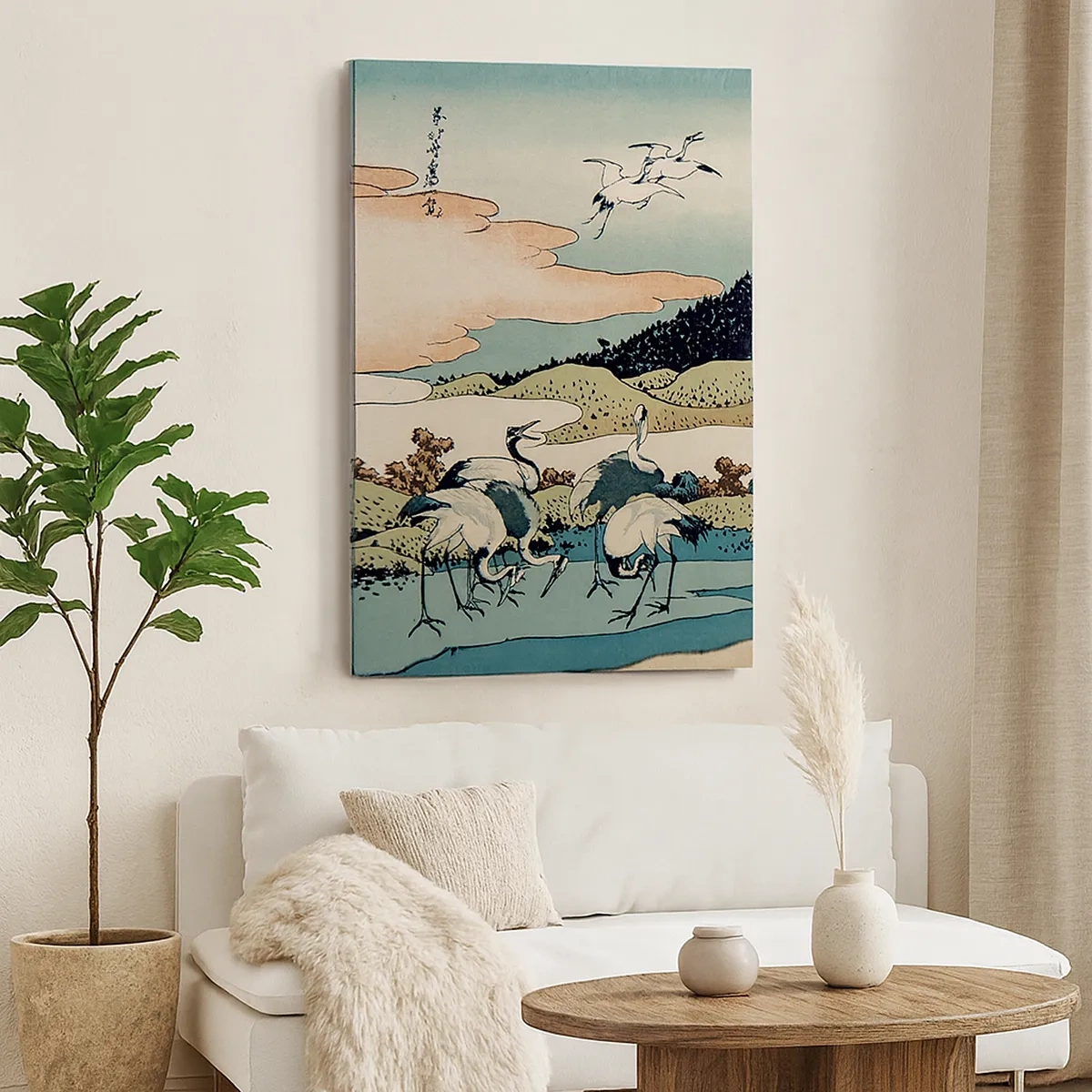 Bild auf Leinwand - Leinwandbild - Traditionelle japanische Grafik mit Bergen und Kranichen - 50x70cm - Im japanischen Geist - Moderne Wanddekoration für Wohnzimmer und Schlafzimmer ARTTOR