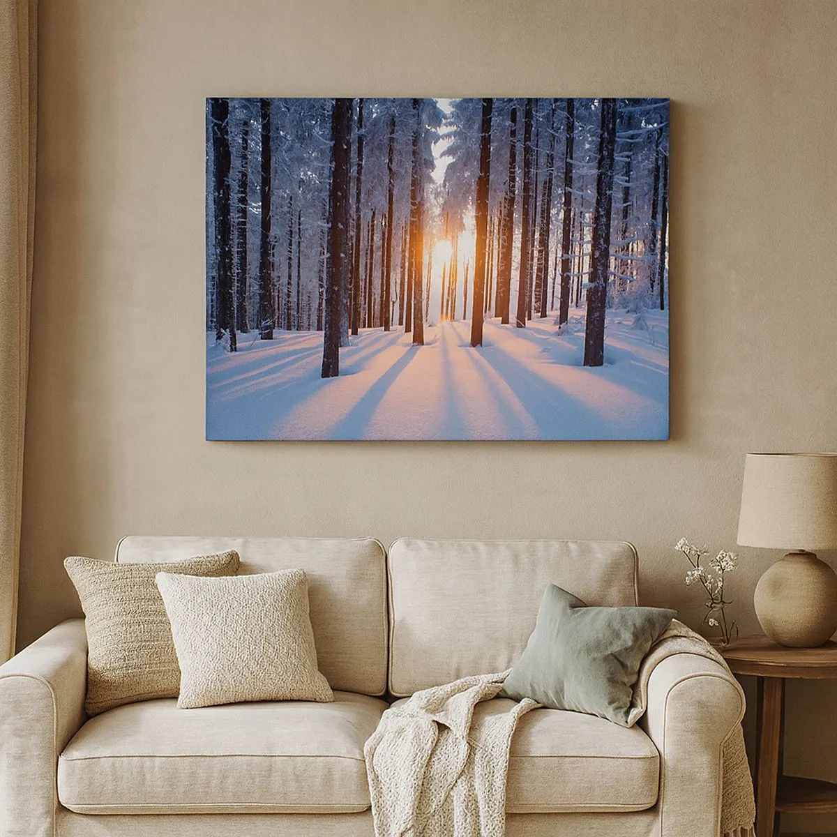 Bild auf Leinwand - Leinwandbild - Winterwald, beleuchtet von den Sonnenstrahlen - 70x50cm - Ganz klar schwarz auf weiß - Moderne Wanddekoration für Wohnzimmer und Schlafzimmer ARTTOR