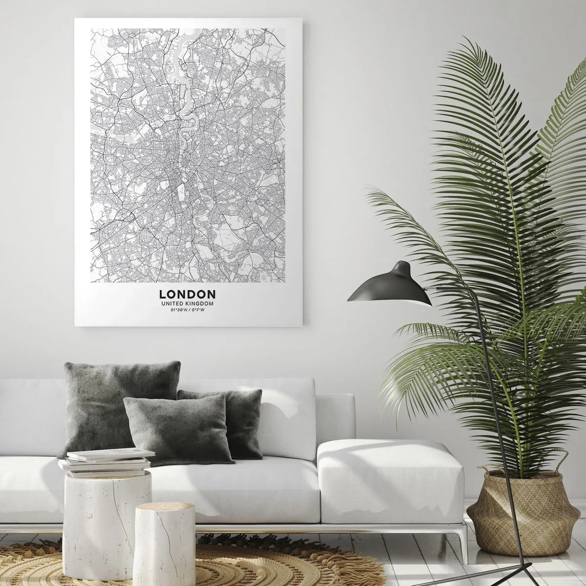 Glasbild - Bild auf glas - Ein minimalistischer Stadtplan in Grautönen - 80x120cm - Karte des Labyrinths von London - Moderne Wanddekoration für Wohnzimmer und Schlafzimmer ARTTOR