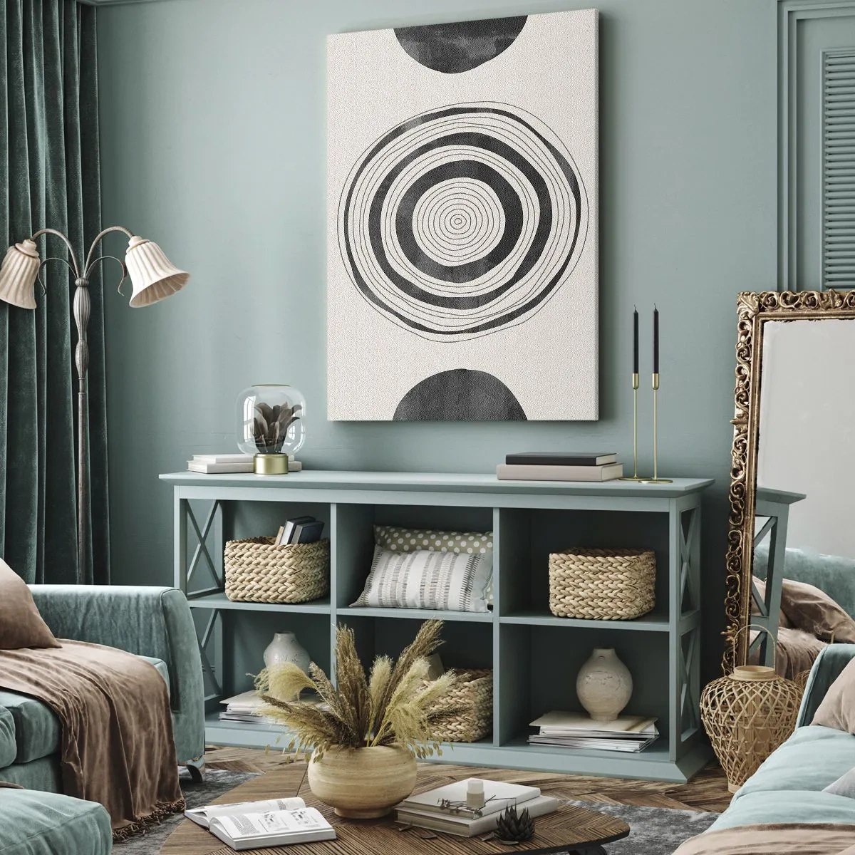 Bild auf Leinwand - Leinwandbild - Minimalistische schwarz-weiße Kreise auf hellem Hintergrund - 70x100cm - Wichtig ist, was dazwischen liegt - Moderne Wanddekoration für Wohnzimmer und Schlafzimmer ARTTOR