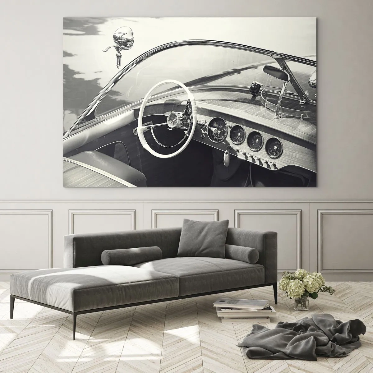 Glasbild - Bild auf glas - Oldtimer-Cockpit in Schwarz und Weiß - 70x50cm - Wetter für die Reichen - Moderne Wanddekoration für Wohnzimmer und Schlafzimmer ARTTOR