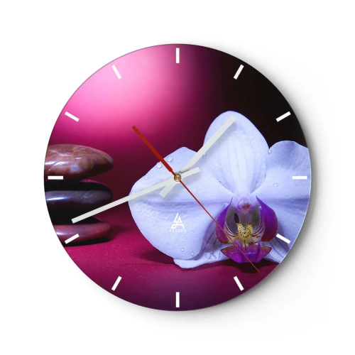 Wanduhr - Glasuhr - Eine weiße Orchidee vor einem Hintergrund aus Steinen und Lila - 30x30cm - Eine Studie der Frische in Lila - Moderne Wanddekoration für Wohnzimmer, Küche und Schlafzimmer ARTTOR