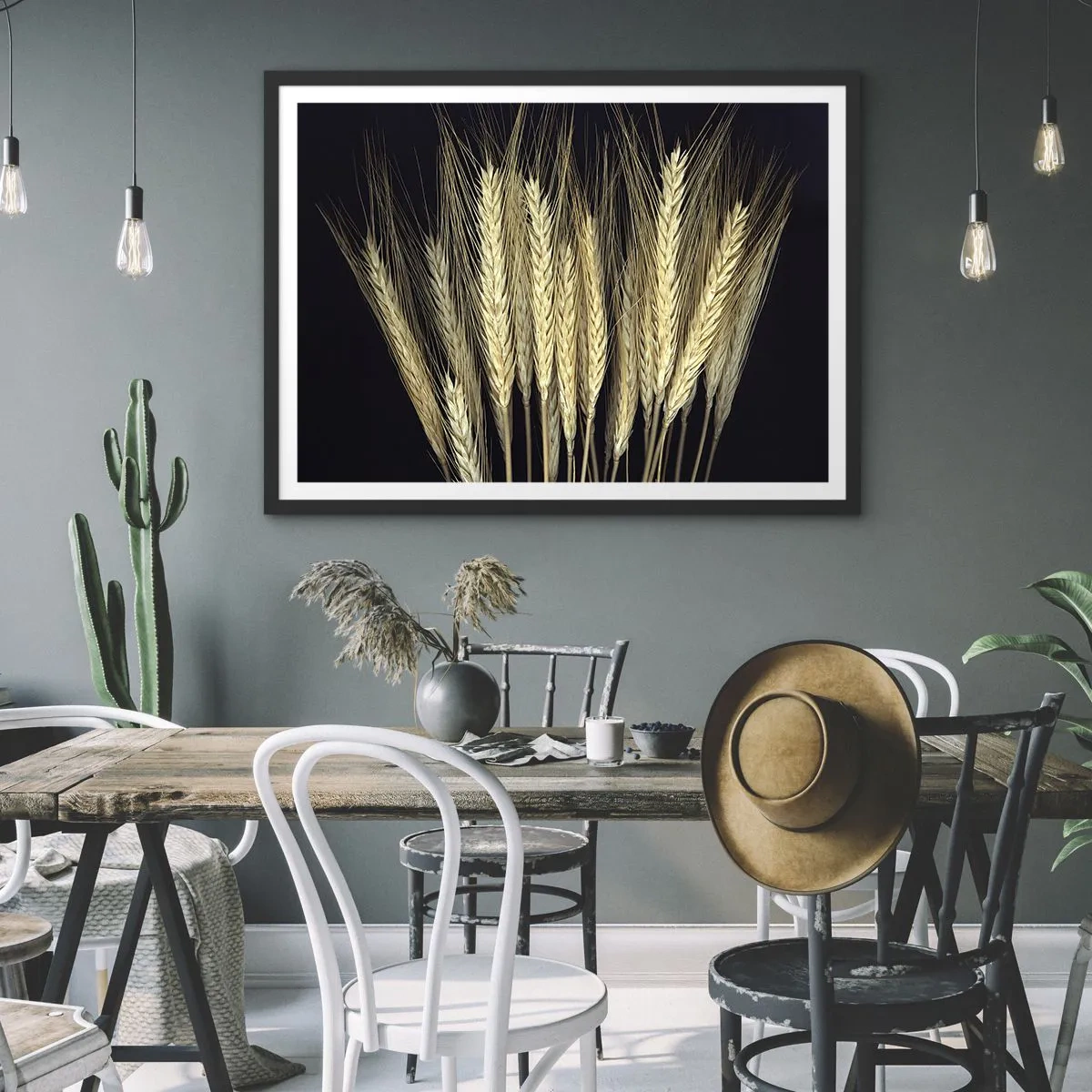 Poster in einem schwarzem Rahmen - Weizenähren auf schwarzem Hintergrund im rustikalen Stil - 70x50cm - Rustikale Magie - Moderne Wanddekoration für Wohnzimmer und Schlafzimmer ARTTOR