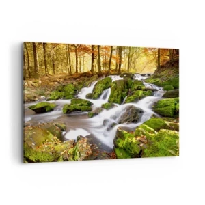 Bild auf Leinwand - Leinwandbild - Eine bewaldete Landschaft mit einem von Moos umgebenen Wasserfall - 120x80cm - Rasch durch den herbstlichen Wald - Moderne Wanddekoration für Wohnzimmer und Schlafzimmer ARTTOR