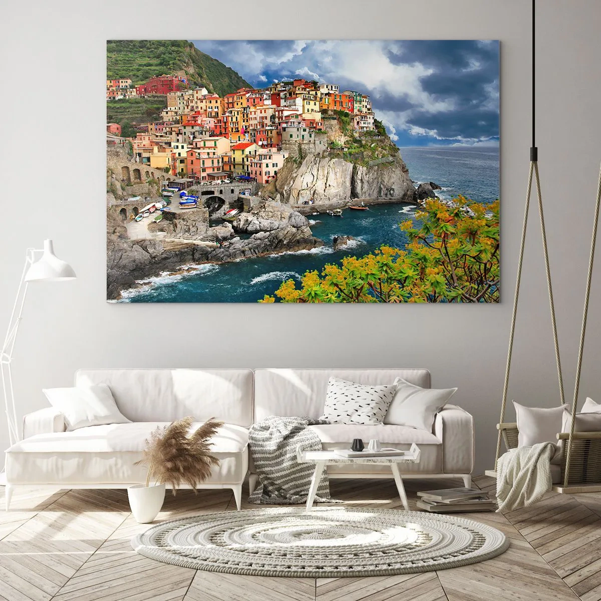 Glasbild - Bild auf glas - Eine farbenfrohe Stadt auf einer Klippe am Meer - 120x80cm - Eine Gruppe umarmt die Felsen - Moderne Wanddekoration für Wohnzimmer und Schlafzimmer ARTTOR