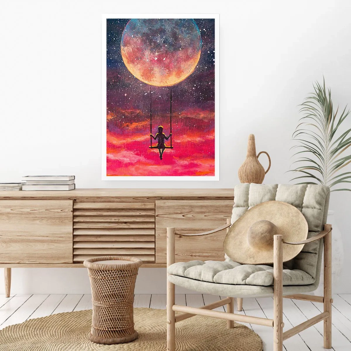 Poster - Mädchen auf einer Schaukel unter dem Vollmond - 50x70cm - Traum - Moderne Wanddekoration für Wohnzimmer und Schlafzimmer ARTTOR
