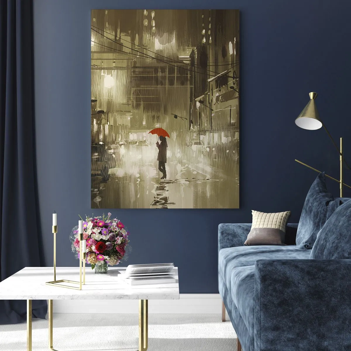 Glasbild - Bild auf glas - Eine Figur mit einem roten Regenschirm in einer verregneten Stadt - 70x100cm - Allein aber nicht einsam - Moderne Wanddekoration für Wohnzimmer und Schlafzimmer ARTTOR