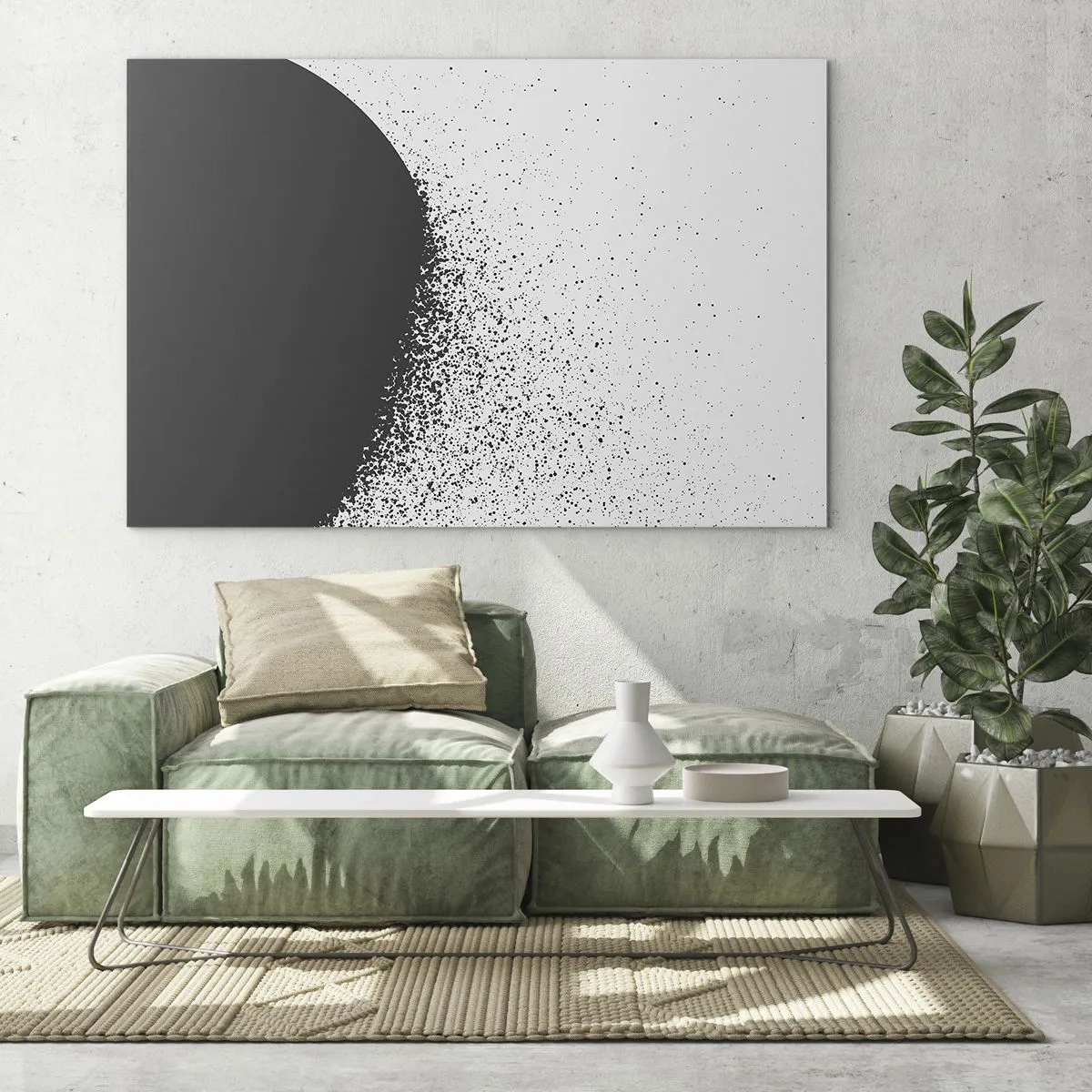 Glasbild - Bild auf glas - Abstraktion einer schwarzen Masse, die auf weißem Hintergrund auseinanderfällt - 70x50cm - Bewegung von Molekülen - Moderne Wanddekoration für Wohnzimmer und Schlafzimmer ARTTOR