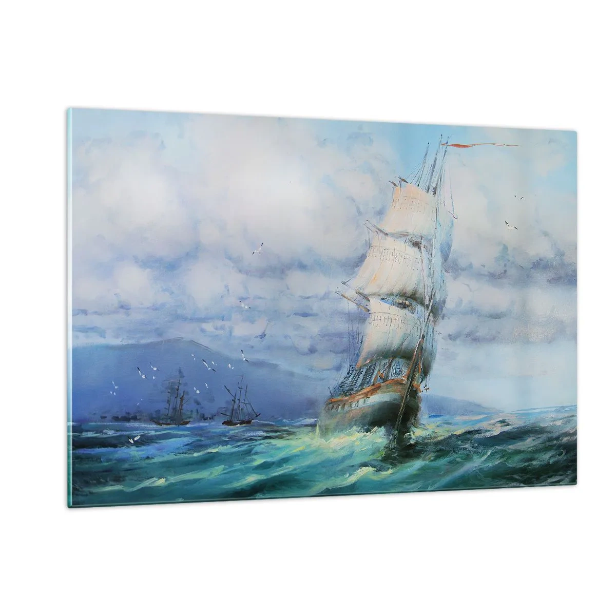 Glasbild - Bild auf glas - Ein Schiff mit Segeln segelt auf stürmischer See unter einem bewölkten Himmel - 120x80cm - Guter Wind - Moderne Wanddekoration für Wohnzimmer und Schlafzimmer ARTTOR