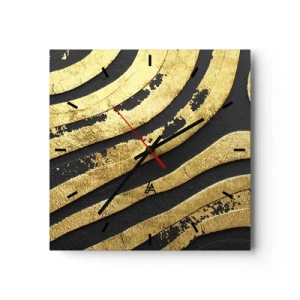 Wanduhr - Glasuhr - Goldene abstrakte Wellen auf schwarzem Hintergrund - 30x30cm - Alles fließt - Moderne Wanddekoration für Wohnzimmer und Schlafzimmer ARTTOR