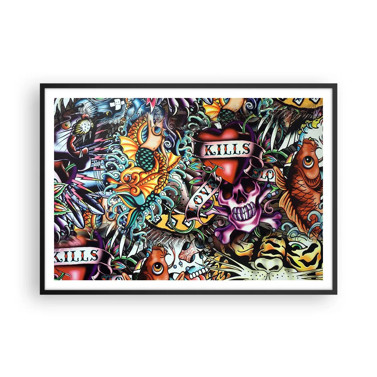 Poster in einem schwarzem Rahmen - Farbenfrohe Kunstwerke im Tattoo-Stil mit Totenköpfen und nautischen Motiven - 100x70cm - Der Traum des Tätowierers - Moderne Wanddekoration für Wohnzimmer und Schlafzimmer ARTTOR