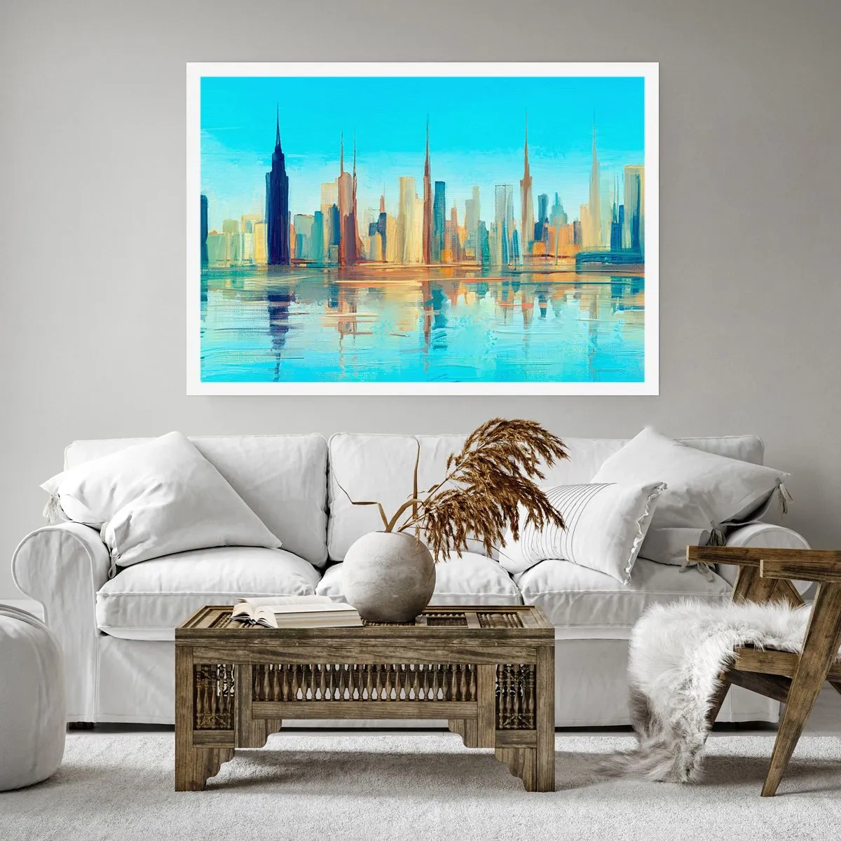 Poster - Ein Panorama der Stadt in warmen Farben mit Spiegelung im Wasser - 100x70cm - Sonnige Metropole - Moderne Wanddekoration für Wohnzimmer und Schlafzimmer ARTTOR