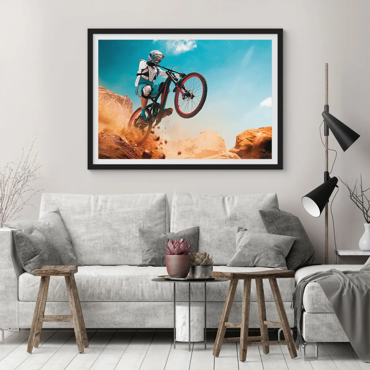 Poster in einem schwarzem Rahmen - Ein Mountainbiker macht einen Sprung vor einer Felskulisse - 70x50cm - Fahrrad-Wahnsinn-Dämon - Moderne Wanddekoration für Wohnzimmer und Schlafzimmer ARTTOR