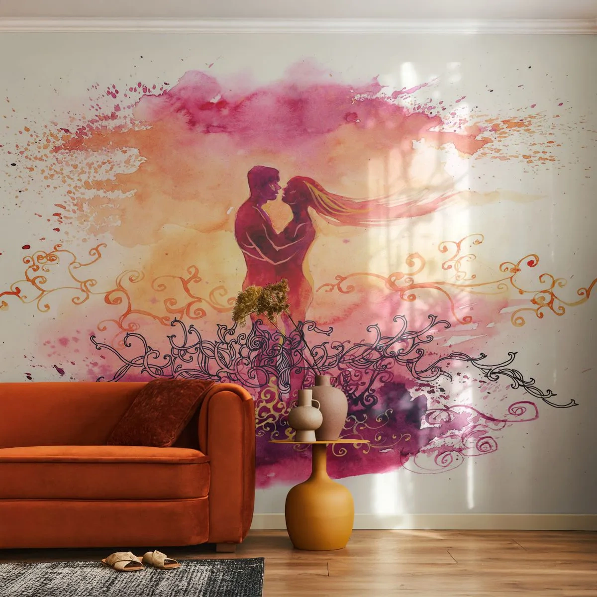 Fototapete Premium Canvas - Ein Paar umarmt sich vor einem abstrakten rosa und orangefarbenen Muster - 100x70cm - Ein Herz! ich brauche so wenig... - Moderne Wanddekoration für Wohnzimmer und Schlafzimmer ARTTOR