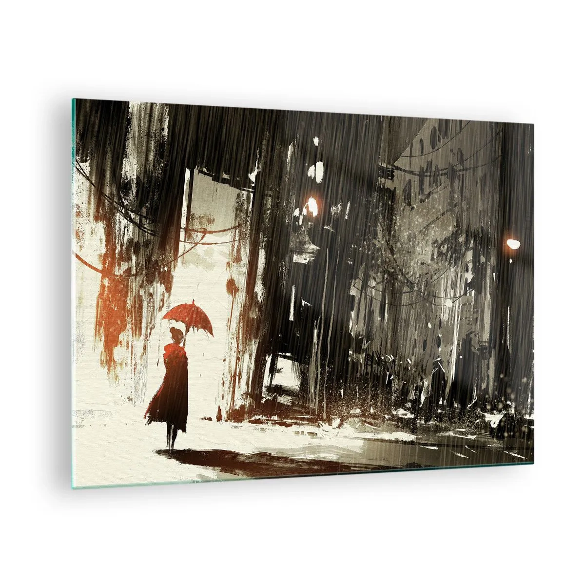 Glasbild - Bild auf glas - Eine Person mit einem roten Regenschirm im Regen vor einem dunklen Stadthintergrund. - 70x50cm - Die Poesie des roten Regenschirms - Moderne Wanddekoration für Wohnzimmer und Schlafzimmer ARTTOR