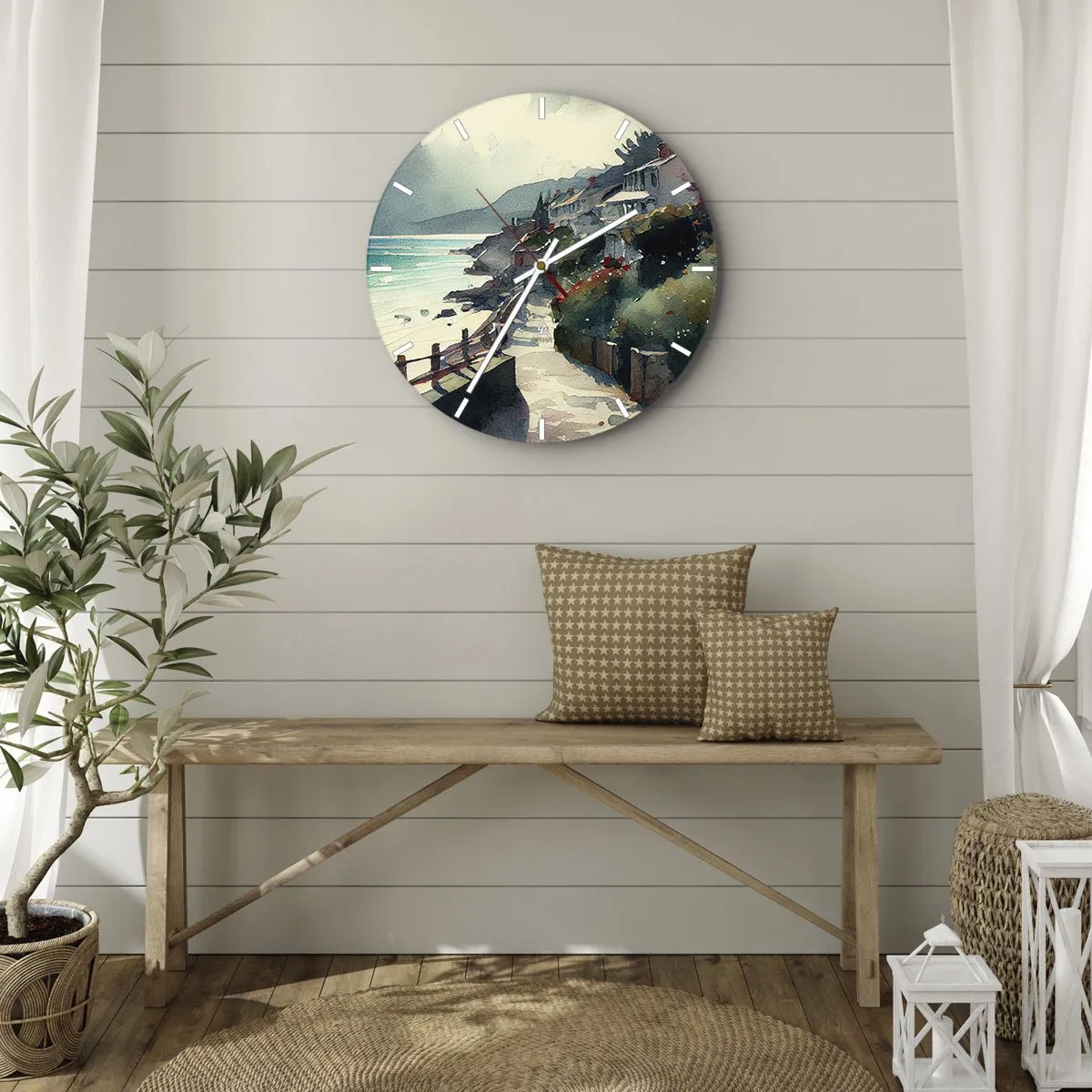 Wanduhr - Glasuhr - Ein Küstenweg, der durch mediterrane Gebäude mit Meerblick führt - 30x30cm - Mittelmeerstadt - Moderne Wanddekoration für Wohnzimmer, Küche und Schlafzimmer ARTTOR