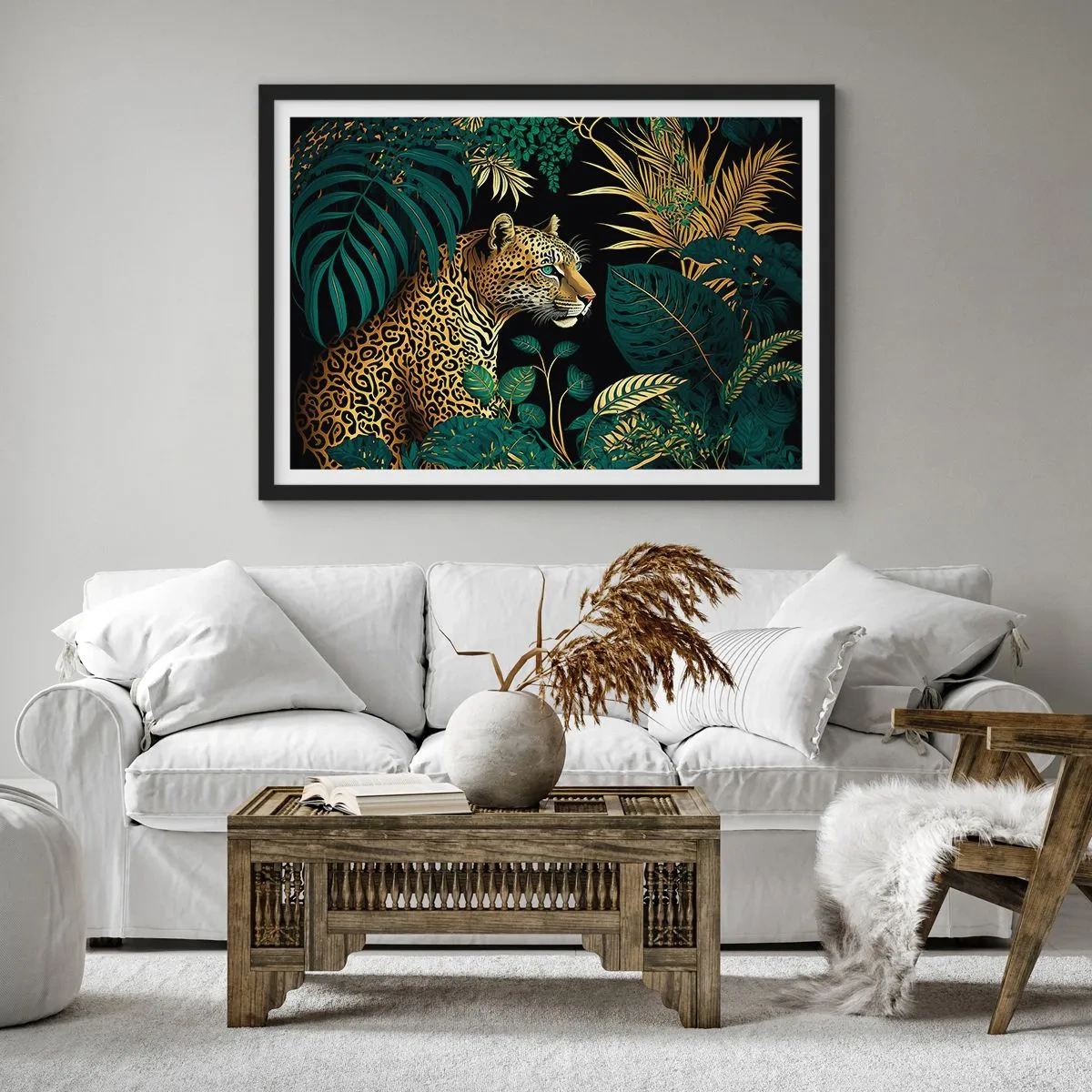 Poster in einem schwarzem Rahmen - Leopard in tropischen Blättern auf schwarzem Hintergrund - 70x50cm - Gastgeber im Dschungel - Moderne Wanddekoration für Wohnzimmer und Schlafzimmer ARTTOR