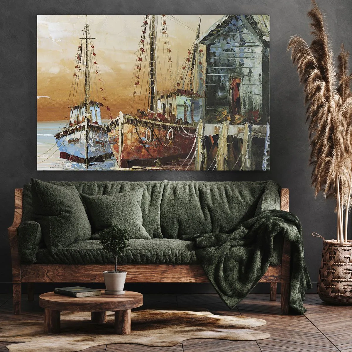 Bild auf Leinwand - Leinwandbild - Boote am Ufer im warmen Licht des Sonnenuntergangs - 120x80cm - Friedliche Rückkehr - Moderne Wanddekoration für Wohnzimmer und Schlafzimmer ARTTOR