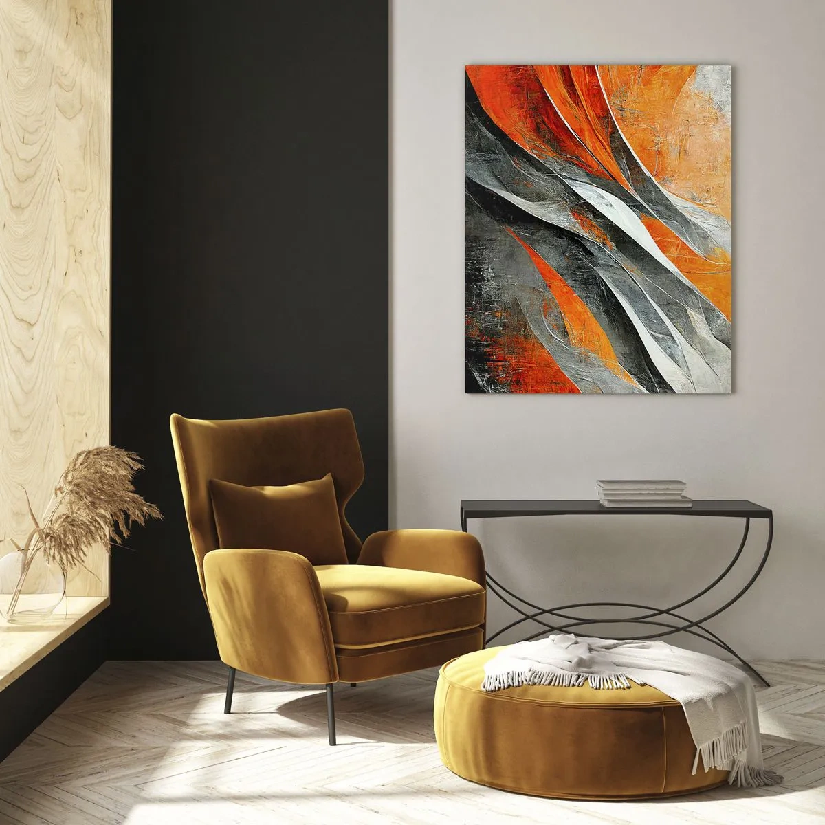Glasbild - Bild auf glas - Abstrakte Streifen in Orange- und Grautönen - 50x70cm - Hitze und Kälte - Moderne Wanddekoration für Wohnzimmer und Schlafzimmer ARTTOR