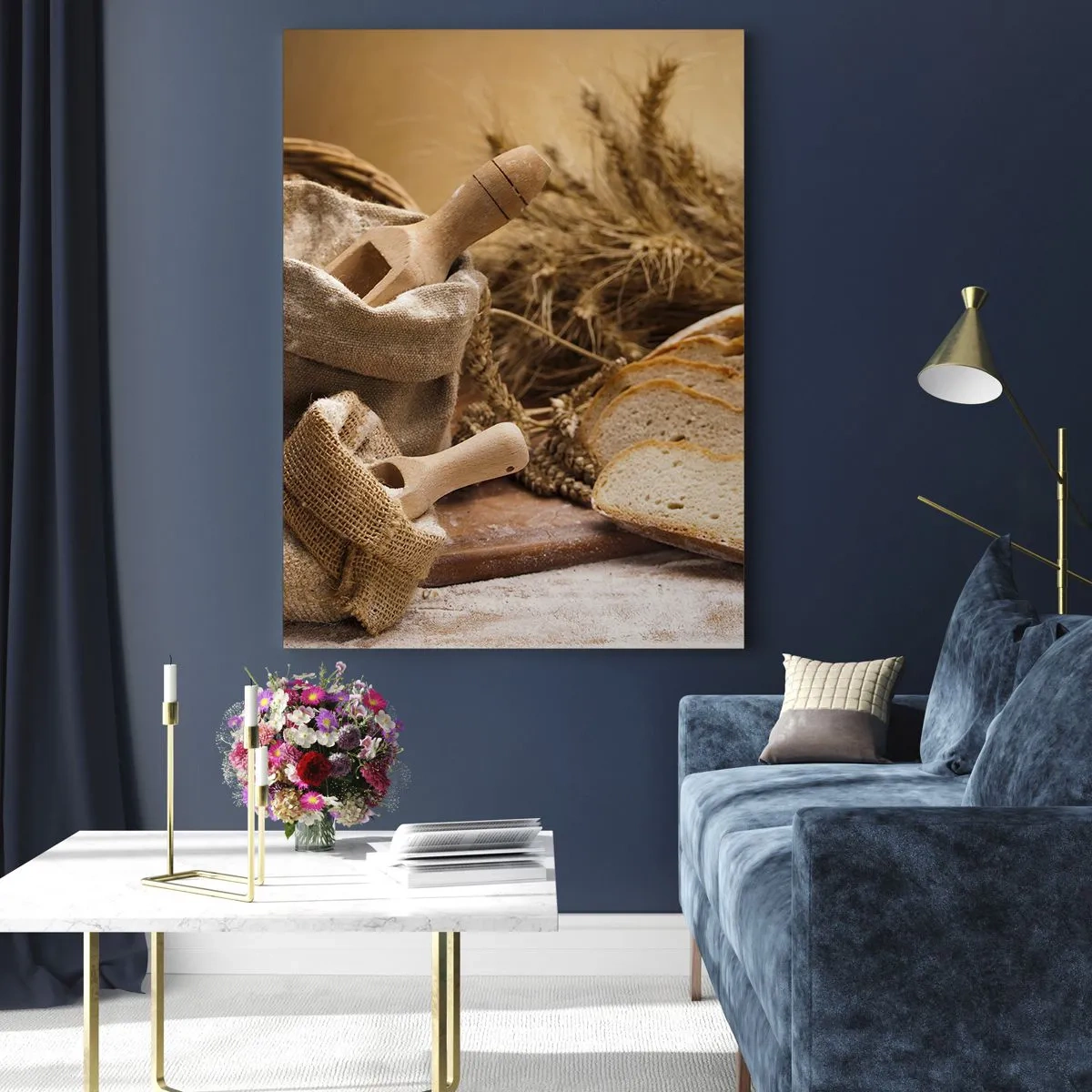 Glasbild - Bild auf glas - Eine Landschaft mit Brot, Mehl und Ähren im rustikalen Stil. - 80x120cm - Wie mit einem Messer geschnitten - Moderne Wanddekoration für Wohnzimmer und Schlafzimmer ARTTOR