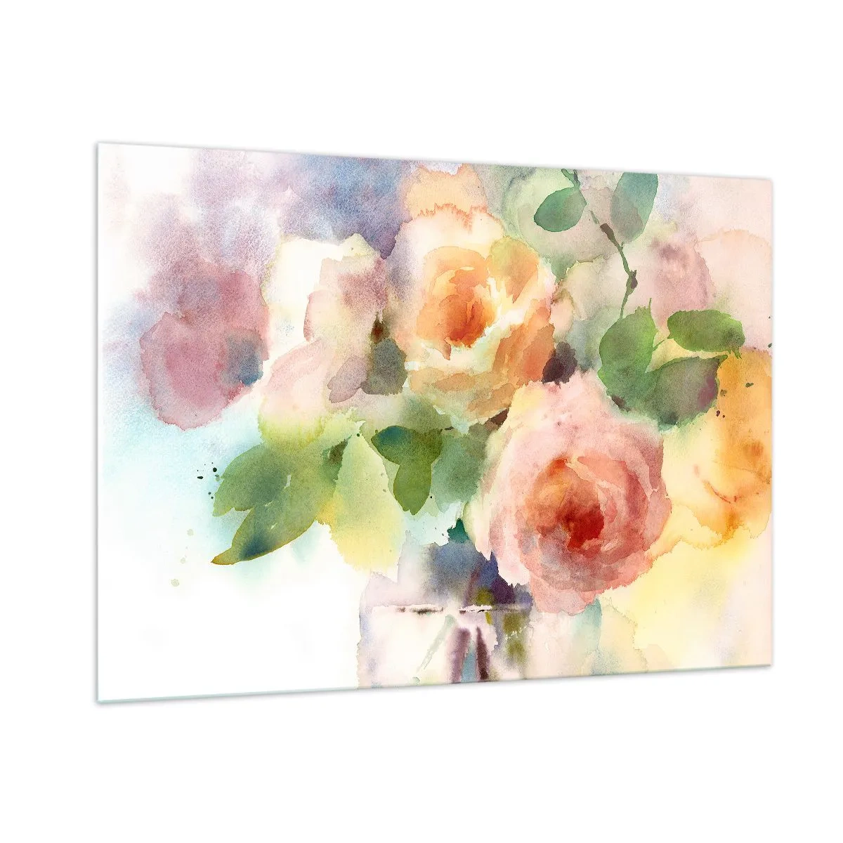 Glasbild - Bild auf glas - Ein Aquarellgemälde von Rosen in zarten Pastellfarben. - 100x70cm - Zart wie Aquarell - Moderne Wanddekoration für Wohnzimmer und Schlafzimmer ARTTOR