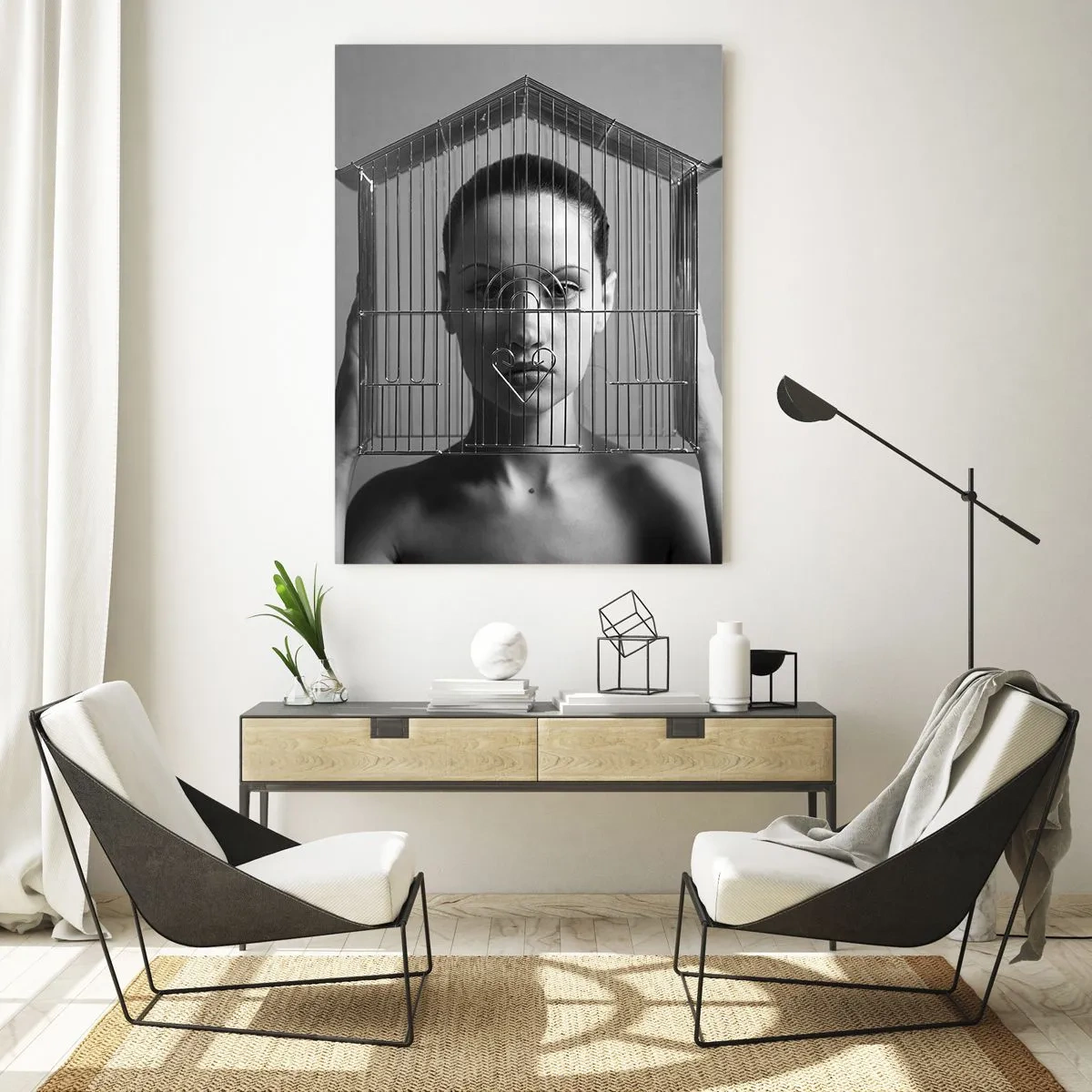 Glasbild - Bild auf glas - Frau hinter einem Käfig im surrealen Stil - 80x120cm - Ein leicht surreales Portrait - Moderne Wanddekoration für Wohnzimmer und Schlafzimmer ARTTOR