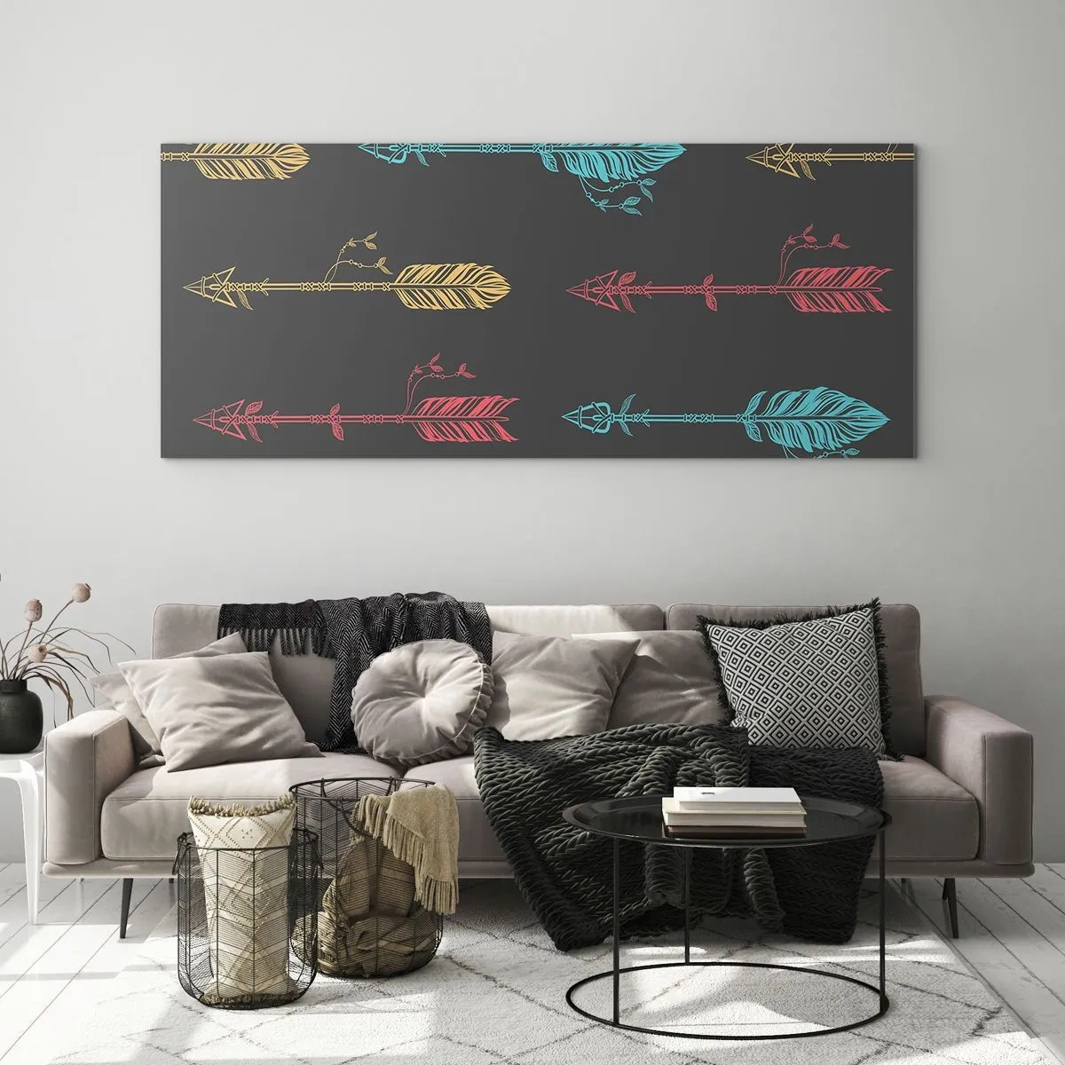 Glasbild - Bild auf glas - Stilisiertes Pfeilmuster in Pastellfarben auf dunklem Hintergrund - 120x50cm - In der Verordnung - Moderne Wanddekoration für Wohnzimmer und Schlafzimmer ARTTOR