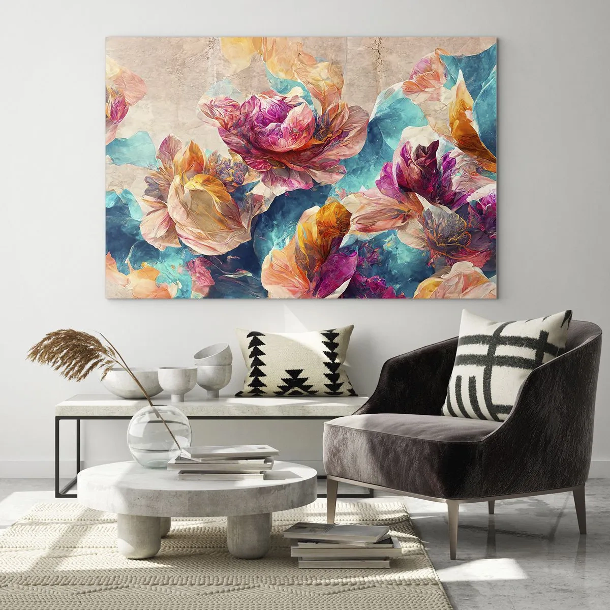 Glasbild - Bild auf glas - Bunte Blumen vor einem Aquarellhintergrund - 120x80cm - Farbenpracht des Straußes - Moderne Wanddekoration für Wohnzimmer und Schlafzimmer ARTTOR