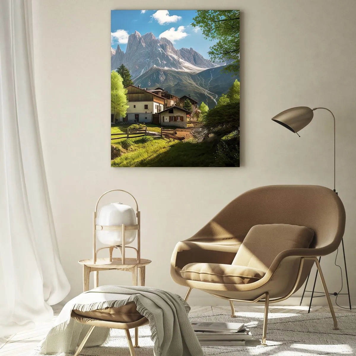 Glasbild - Bild auf glas - Ländliche Entwicklung im Grünen am Fuße der Alpengipfel - 50x70cm - Alpenidylle - Moderne Wanddekoration für Wohnzimmer und Schlafzimmer ARTTOR