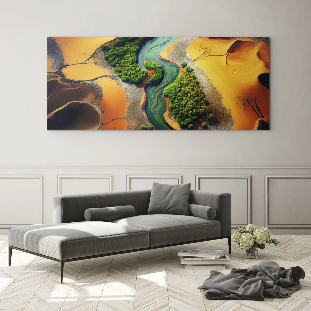 Glasbild - Bild auf glas - Ein grüner Fluss, umgeben von goldenem Sand und Vegetation - 140x50cm - Lebensspendender Fluss - Moderne Wanddekoration für Wohnzimmer und Schlafzimmer ARTTOR